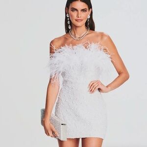 Retrofete RONIT Pearl Feather Mini Strapless Dress - Size Medium